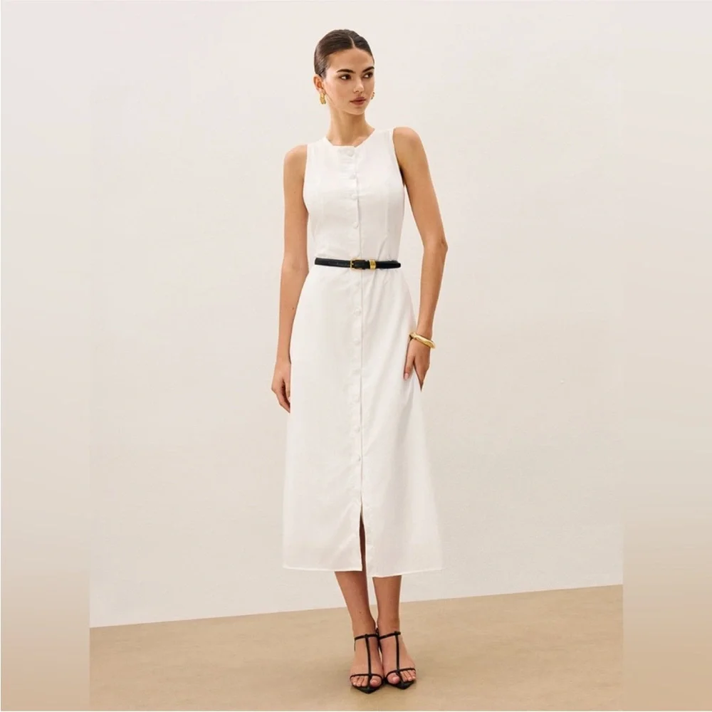 Commense Cotton & Linen Button-Front Sleeveless Dress With Tie NWT Size L - Picture 3 of 9